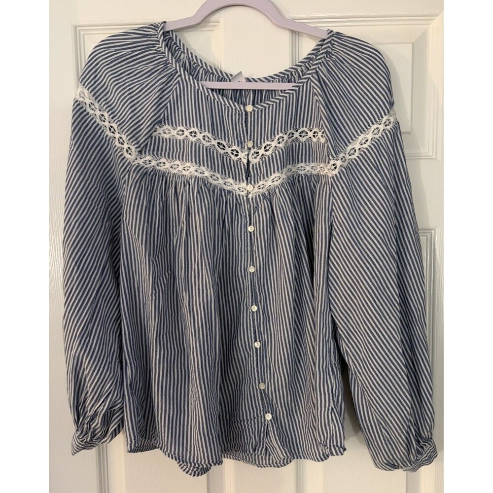 Old Navy Spring Top L Blue Pinstripe Cottagecore Lace Peasant Balloon Slv Blouse
